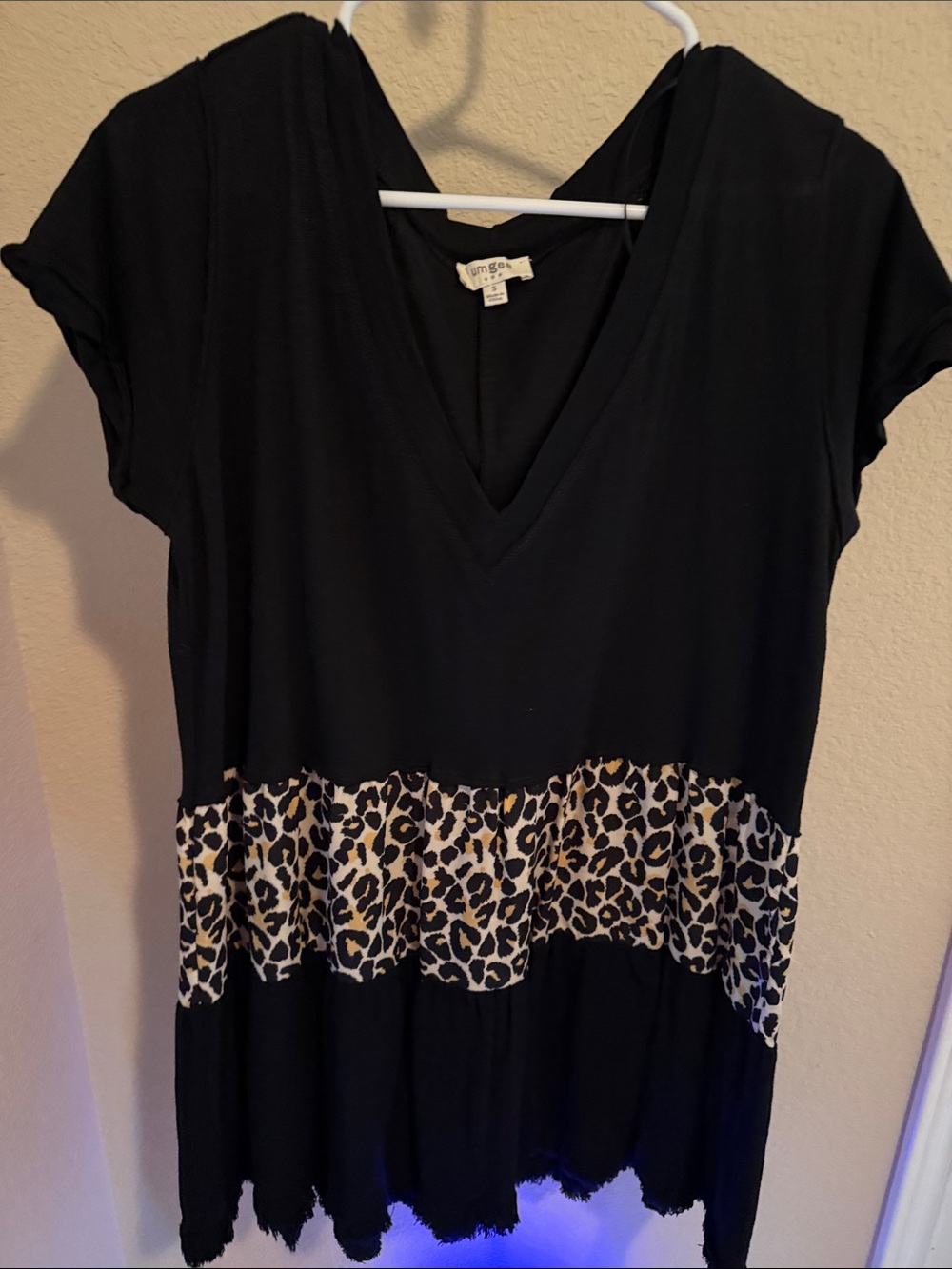 Umgee Black V-Neck Tunic with Leopard Band